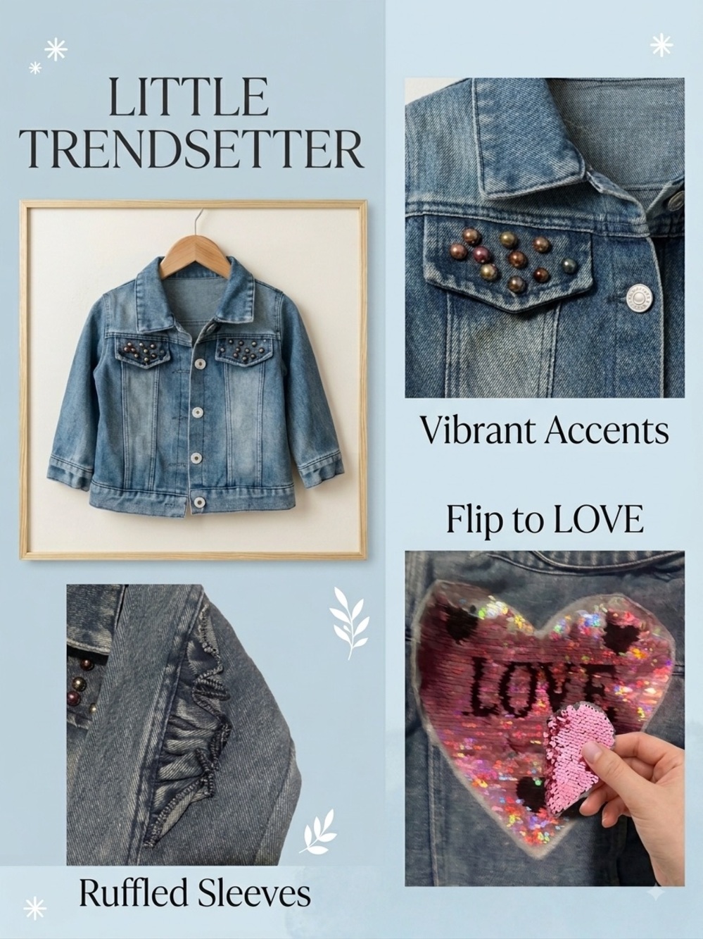 Denim Kids' Jacket with Sequin Flip Heart - Blue sim 2t
